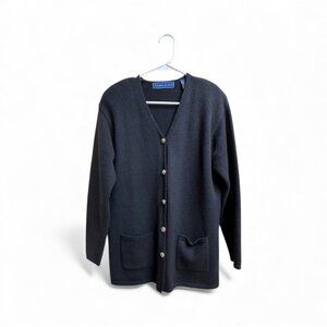 Karen Scott-Hartigan Wool Blend Cardigan Black Button Front Pockets M
